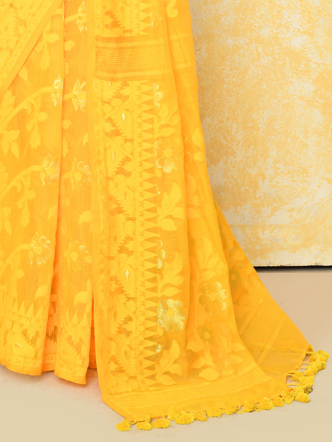 Yellow Cotton Silk Jamdani Saree with Handspun Weave