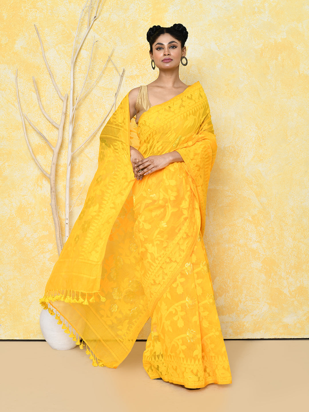 Yellow Cotton Silk Jamdani Saree with Handspun Weave