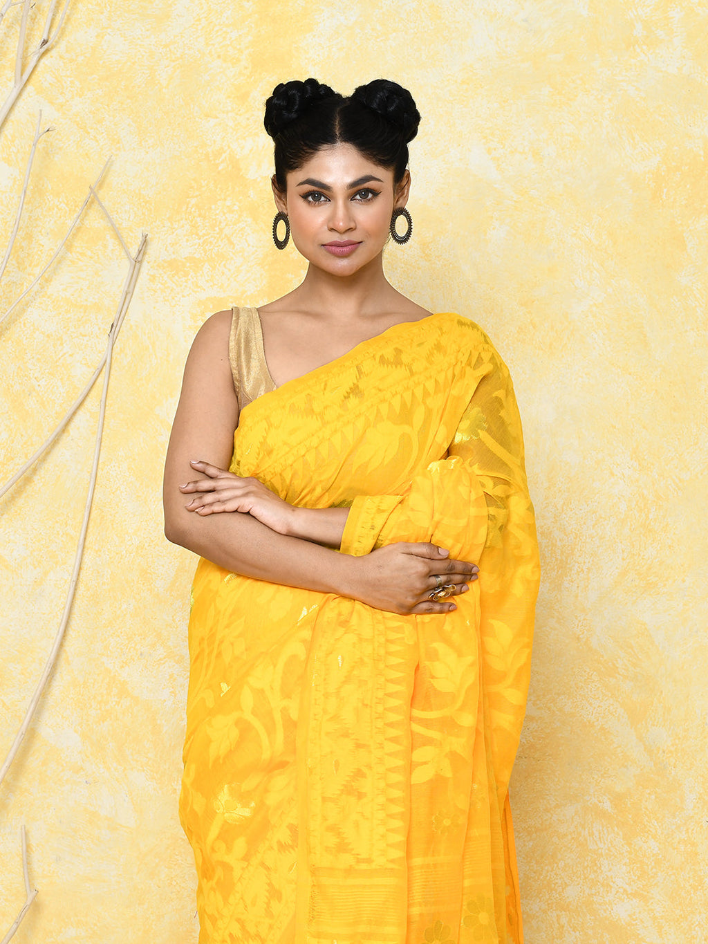 Yellow Cotton Silk Jamdani Saree with Handspun Weave