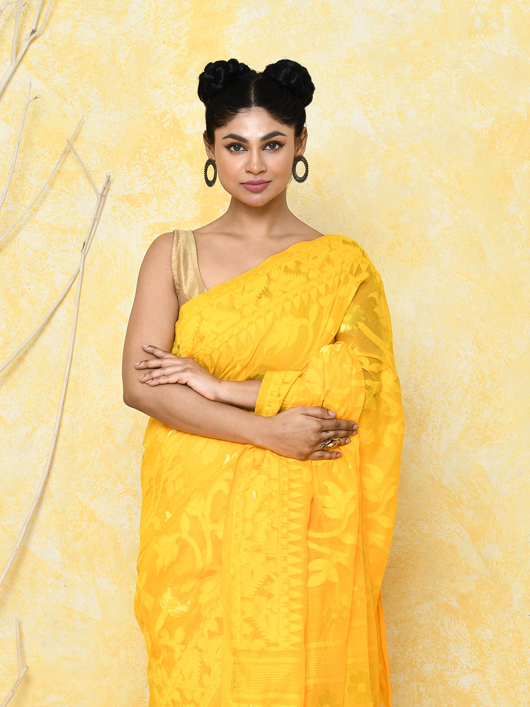 Yellow Cotton Silk Jamdani Saree with Handspun Weave