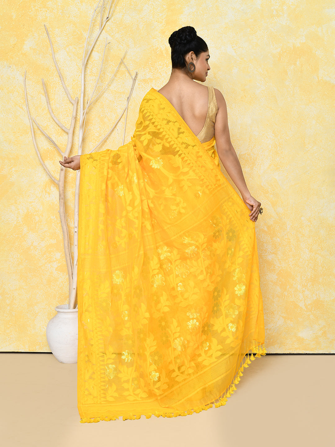 Yellow Cotton Silk Jamdani Saree with Handspun Weave