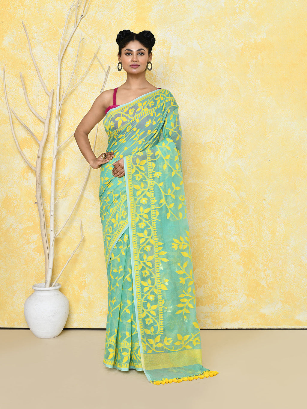 Light turquoise handspun cotton silk Jamdani saree with traditional weave details