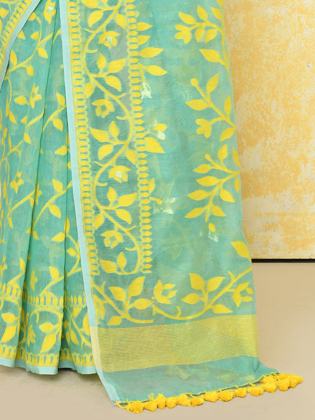 Light Turquoise Cotton Silk Jamdani Saree with Handspun Finish