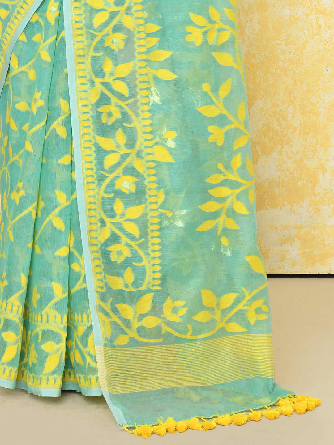 Light Turquoise Cotton Silk Jamdani Saree with Handspun Finish