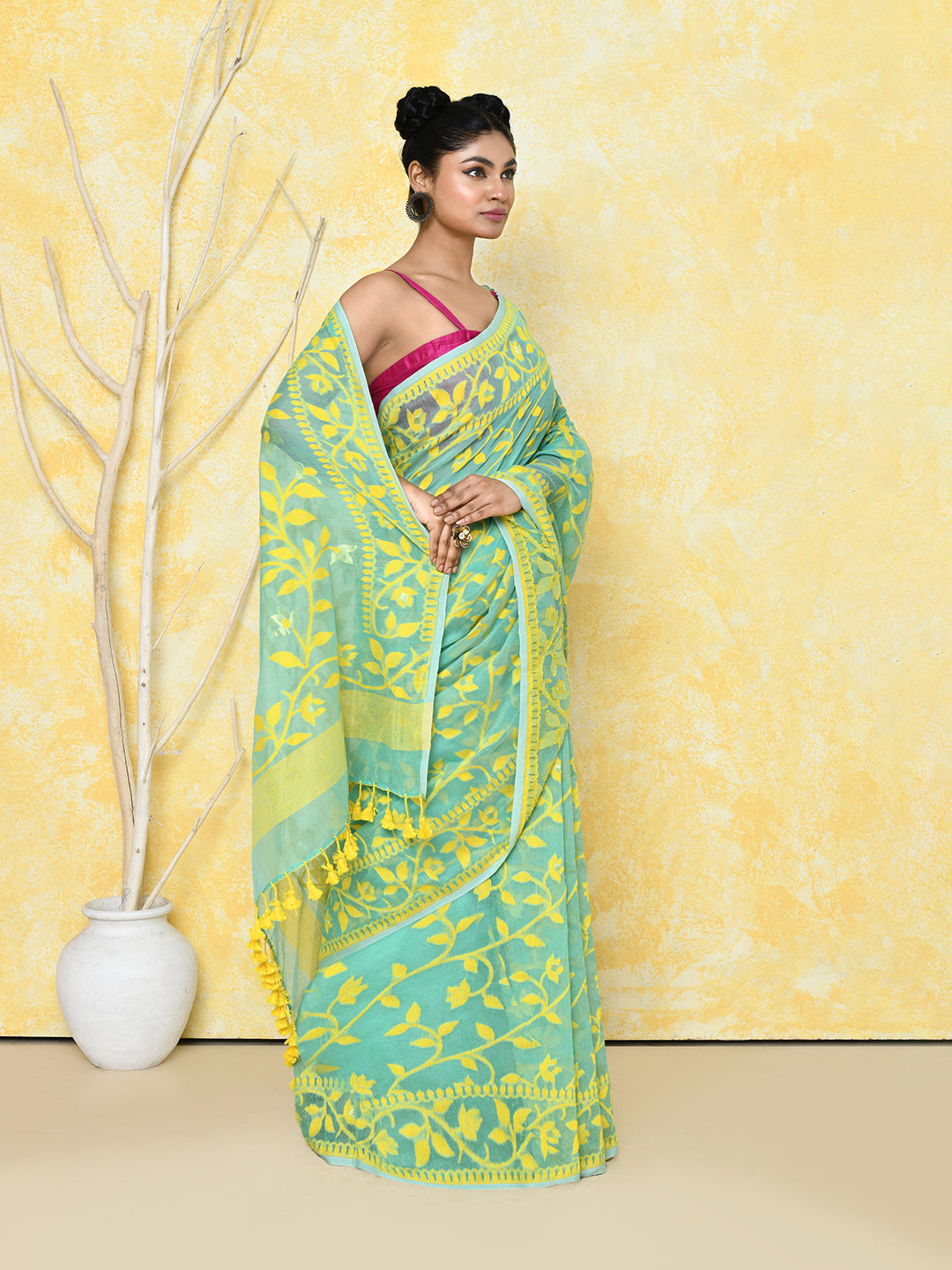 Light Turquoise Cotton Silk Jamdani Saree with Handspun Finish