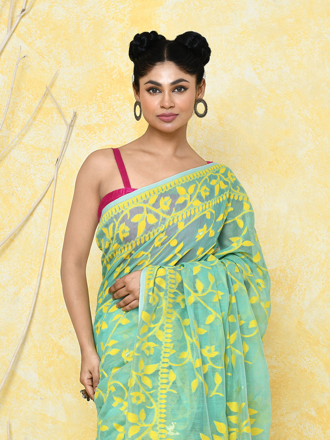 Light Turquoise Cotton Silk Jamdani Saree with Handspun Finish