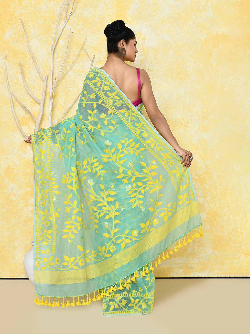 Light Turquoise Cotton Silk Jamdani Saree with Handspun Finish
