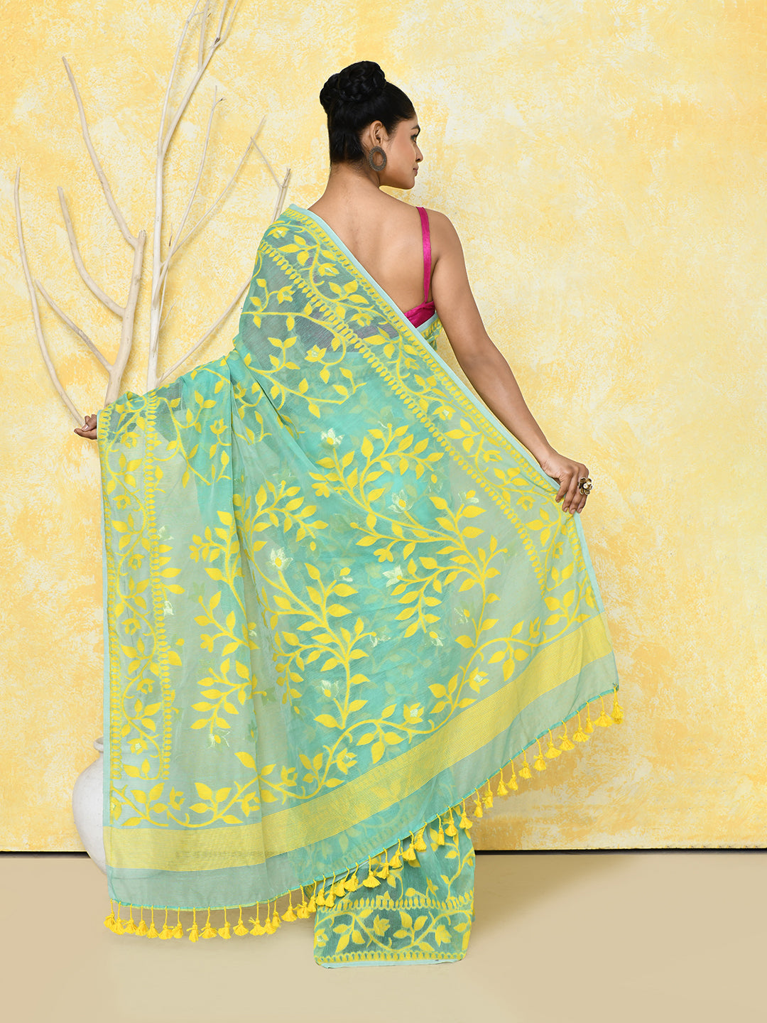 Light Turquoise Cotton Silk Jamdani Saree with Handspun Finish