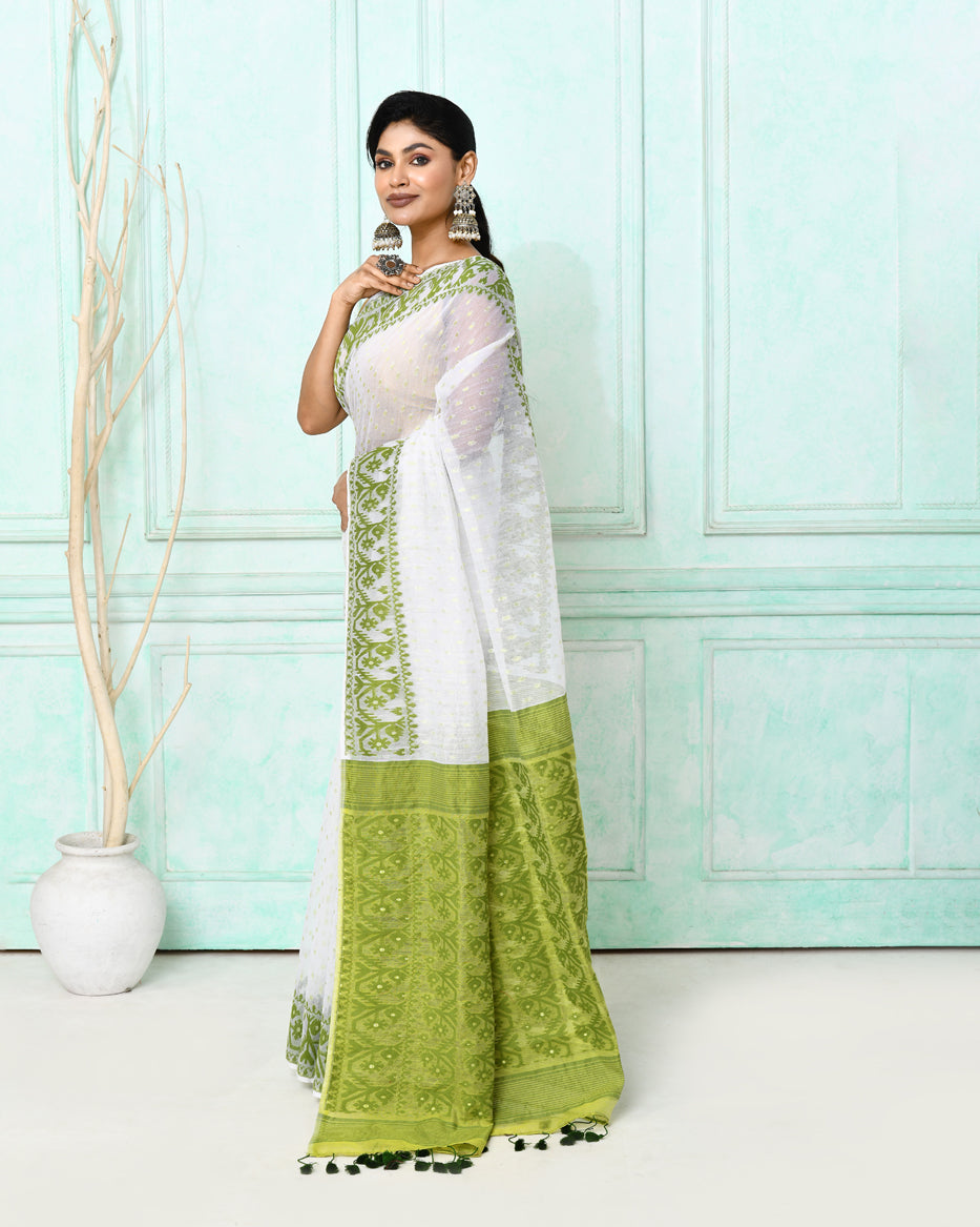 White Cotton Silk Jamdani Saree with Traditional Weave