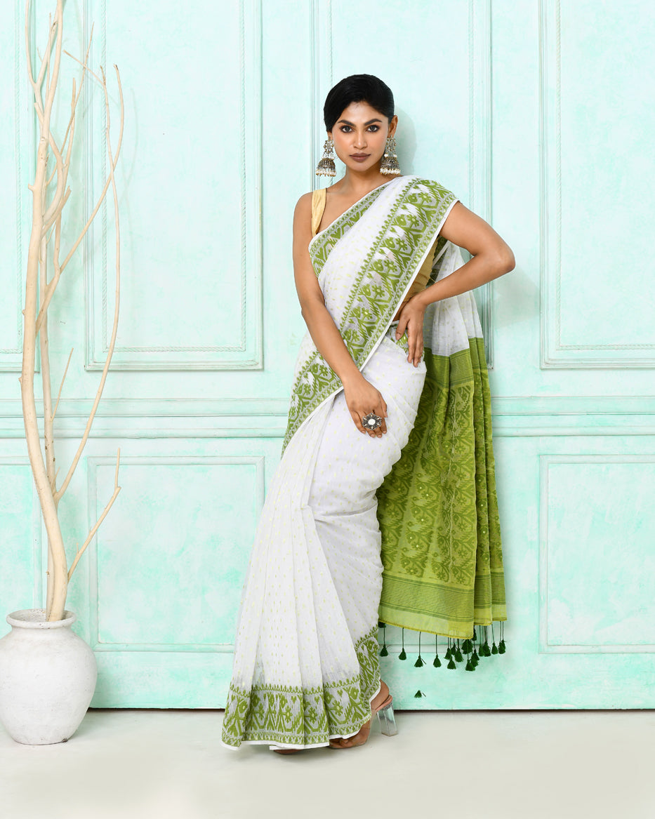 White Cotton Silk Jamdani Saree with Traditional Weave