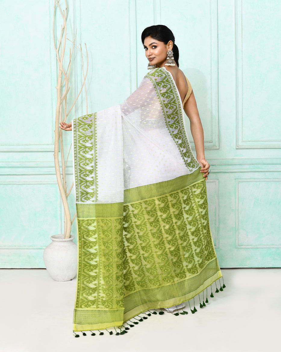 White Cotton Silk Jamdani Saree with Traditional Weave