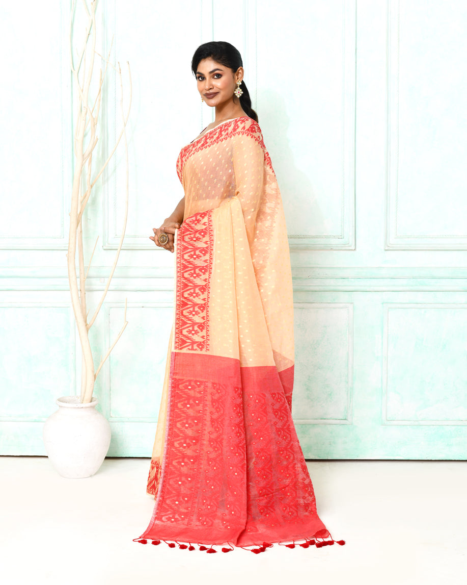Piyari Fashion Women's Muga Red Cotton Silk Jamdani Saree