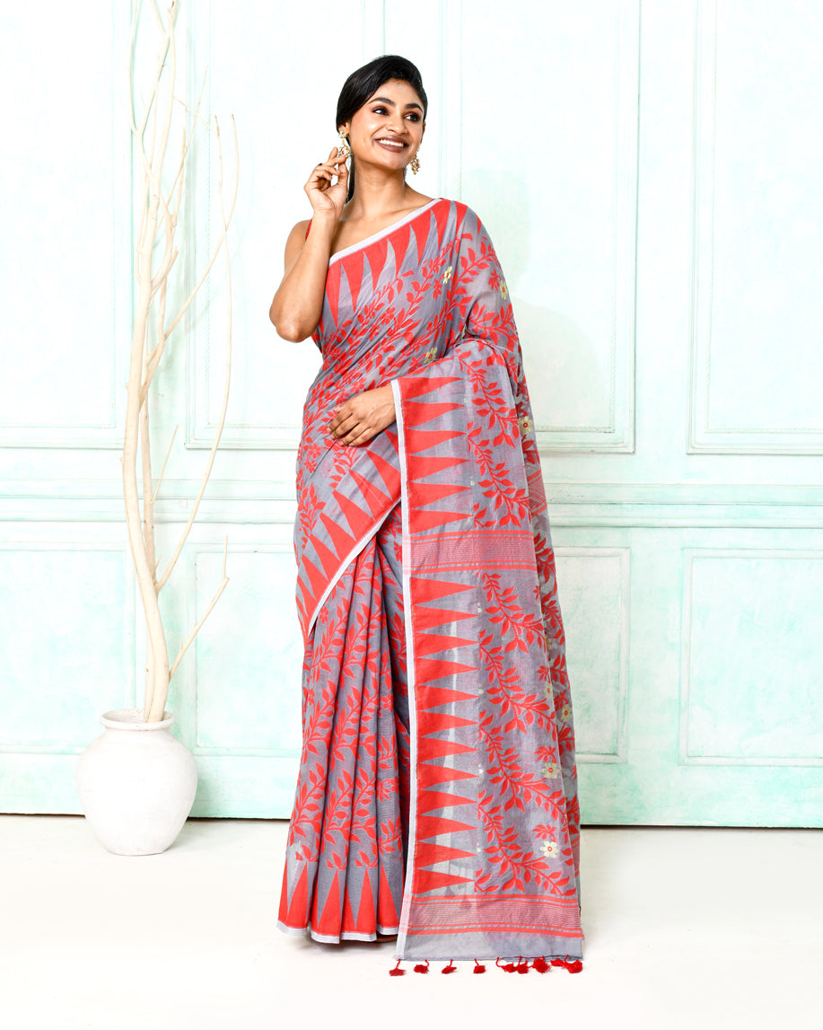 Gray and Red Cotton Silk Jamdani Saree showing contrast border