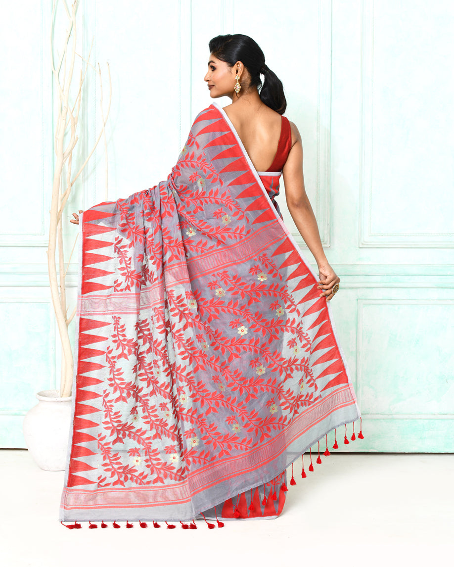 Gray and Red Cotton Silk Jamdani Saree