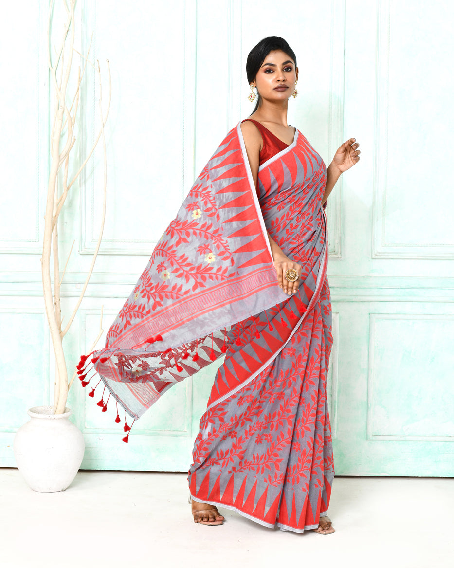 Gray and Red Cotton Silk Jamdani Saree