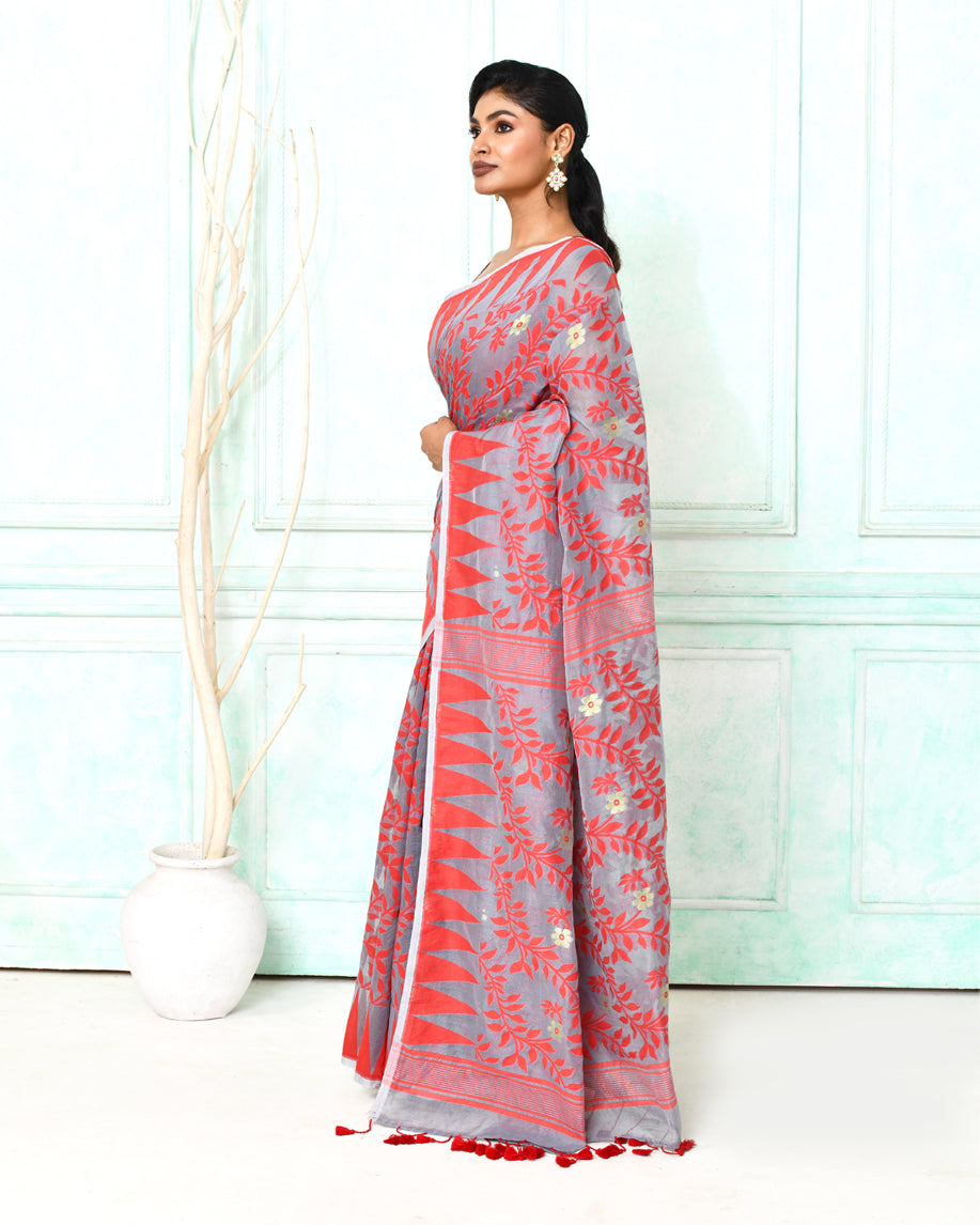 Gray and Red Cotton Silk Jamdani Saree