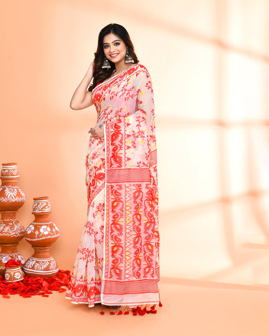 Off White and Red Cotton Silk Jamdani Saree for Women