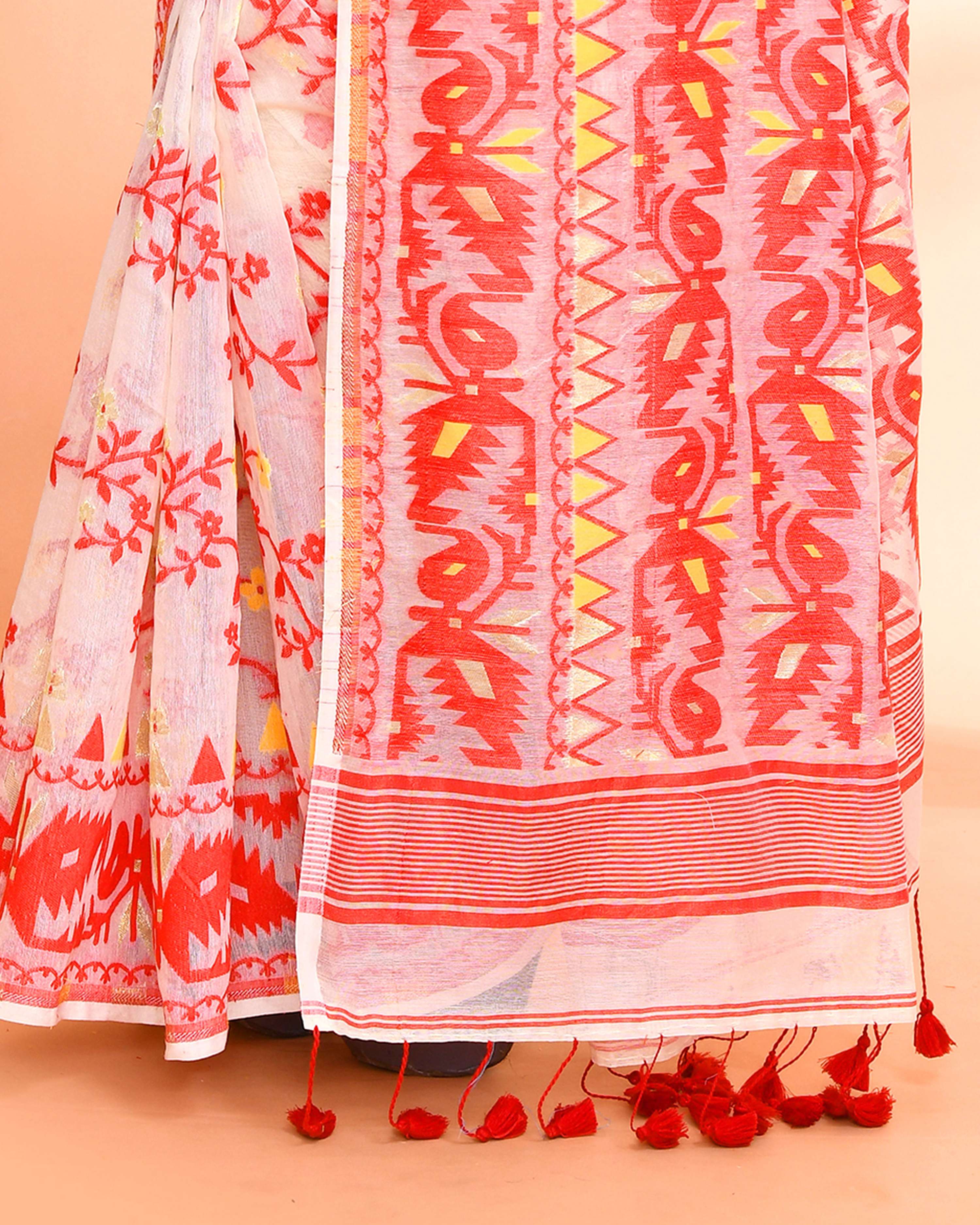 Off White and Red Cotton Silk Jamdani Saree for Women