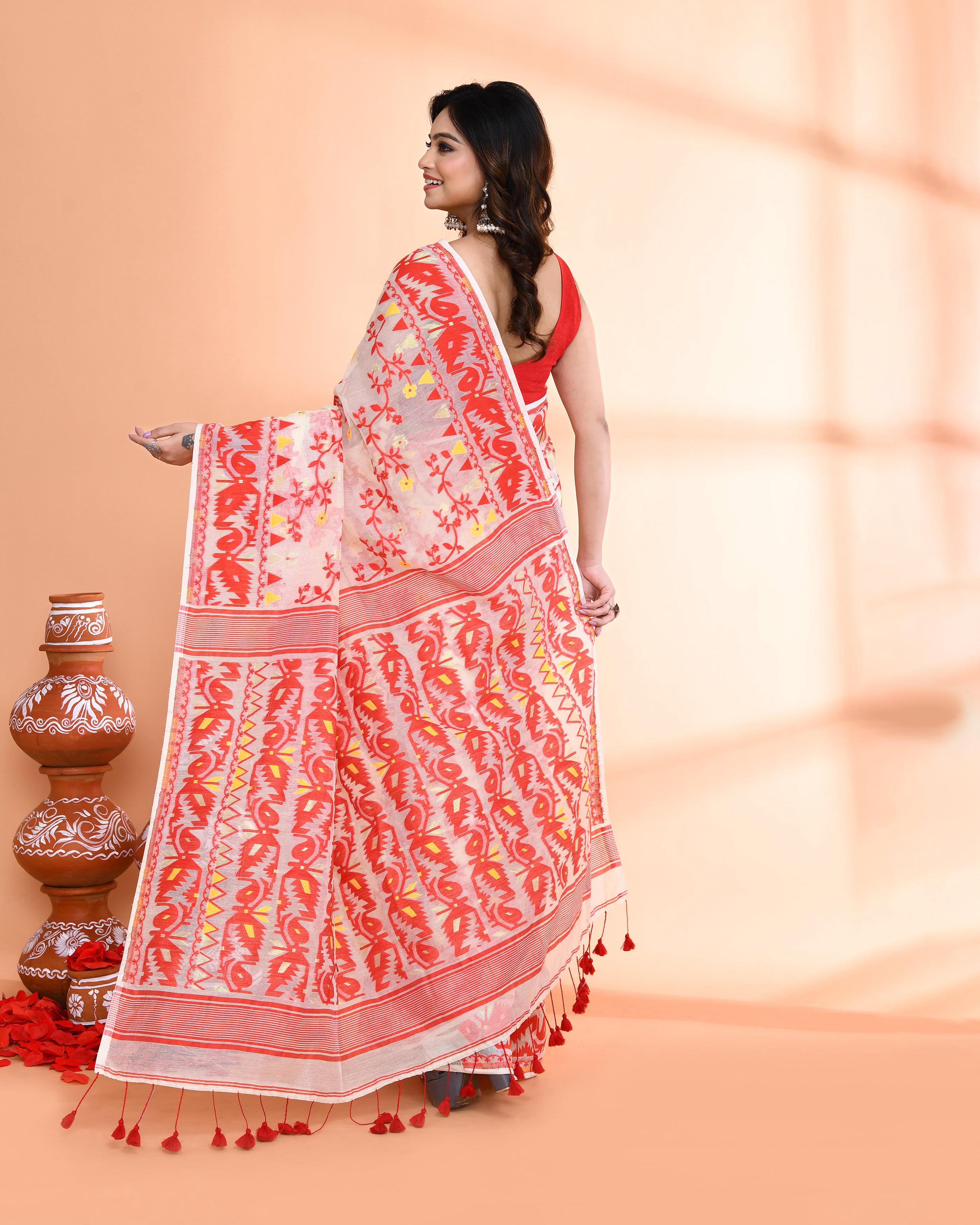 Off White and Red Cotton Silk Jamdani Saree for Women