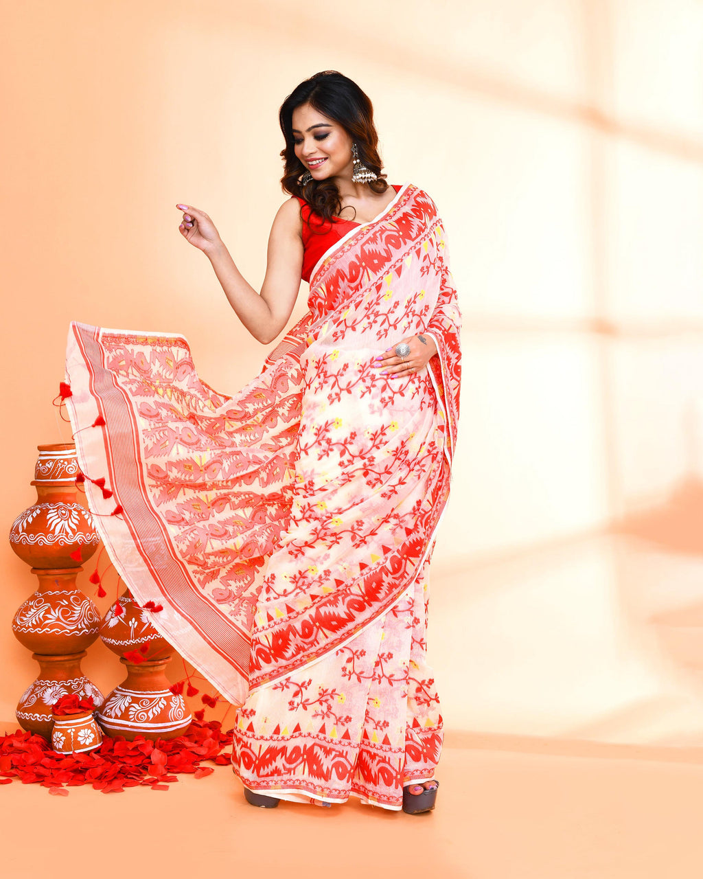 Off White and Red Cotton Silk Jamdani Saree for Women
