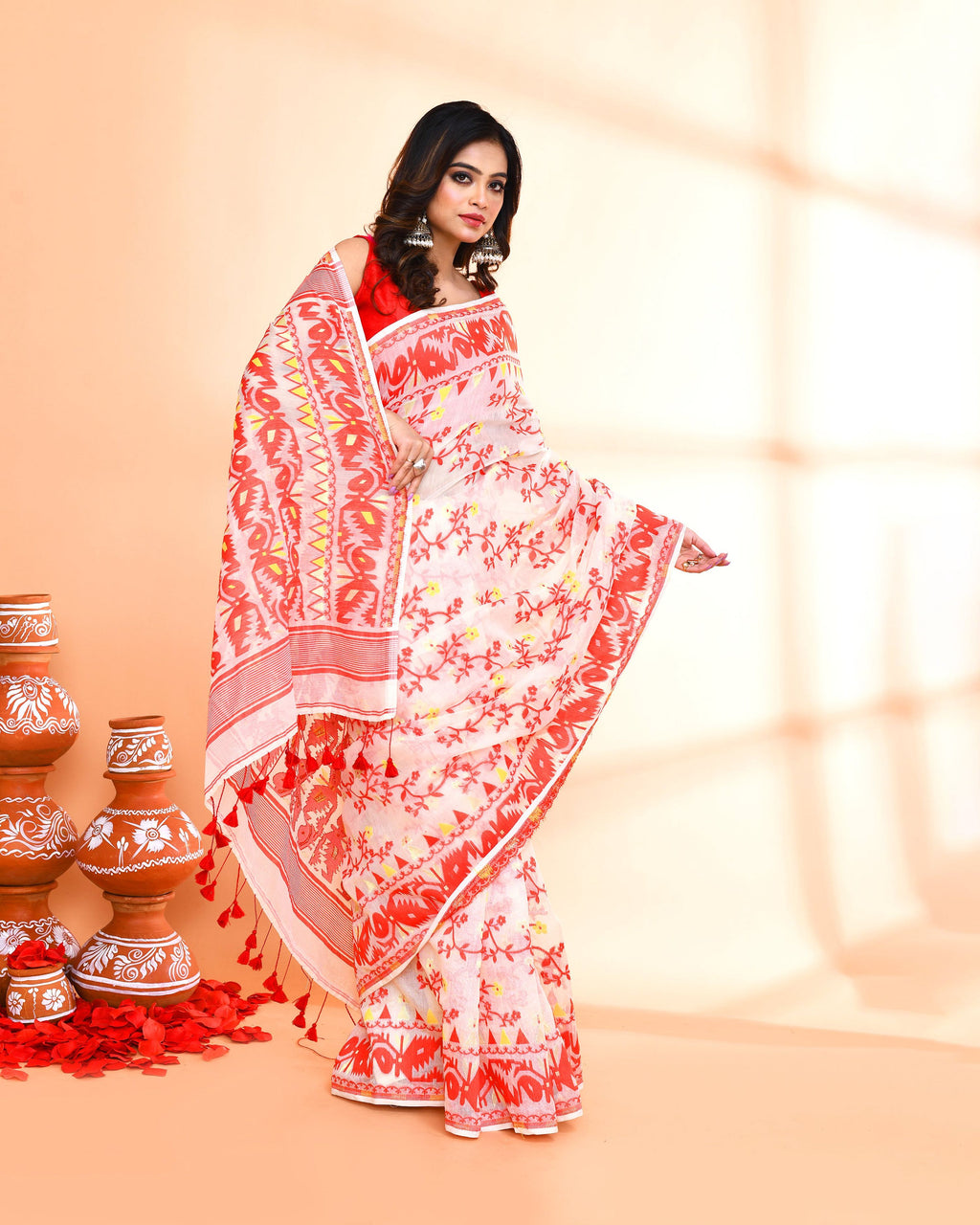Off White and Red Cotton Silk Jamdani Saree for Women