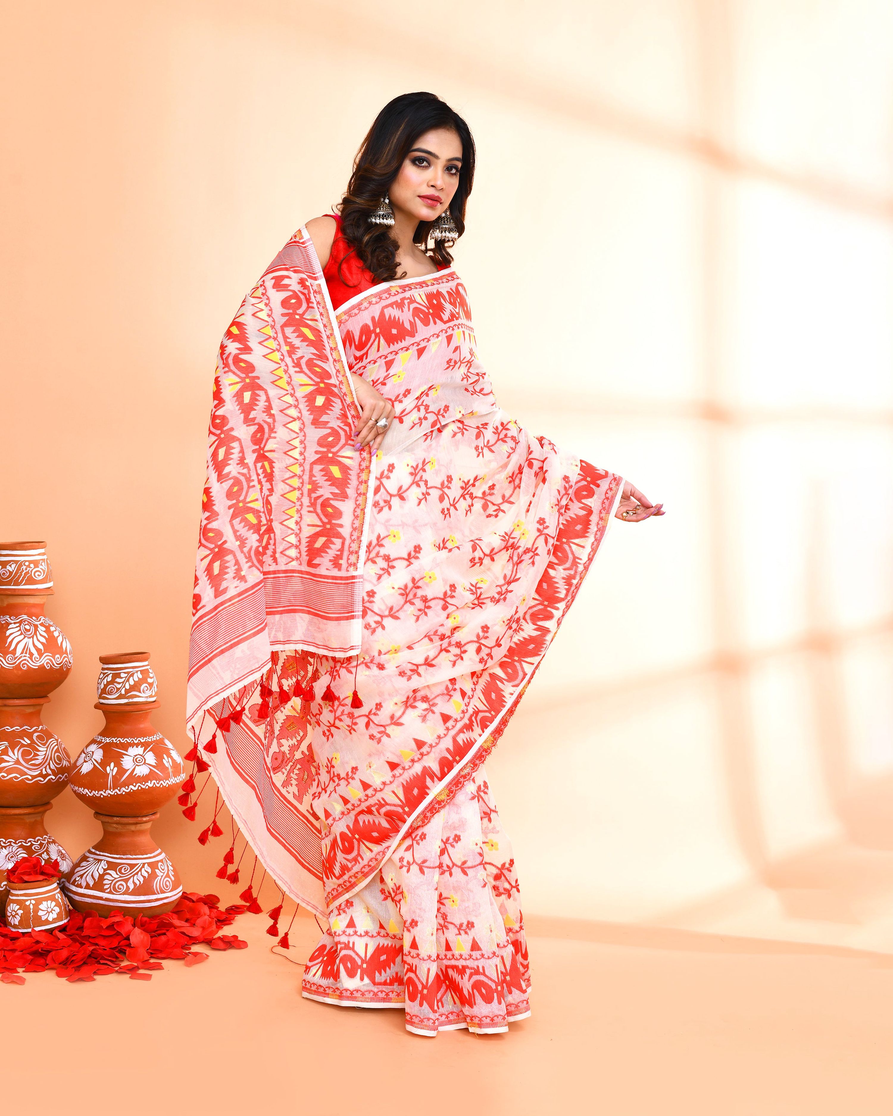 Off White and Red Cotton Silk Jamdani Saree for Women