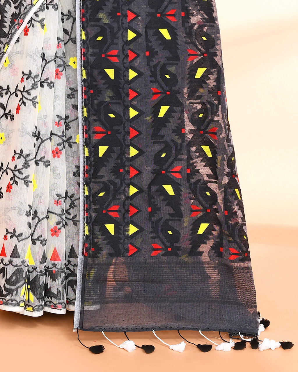 Off White and Black Cotton Silk Jamdani Saree