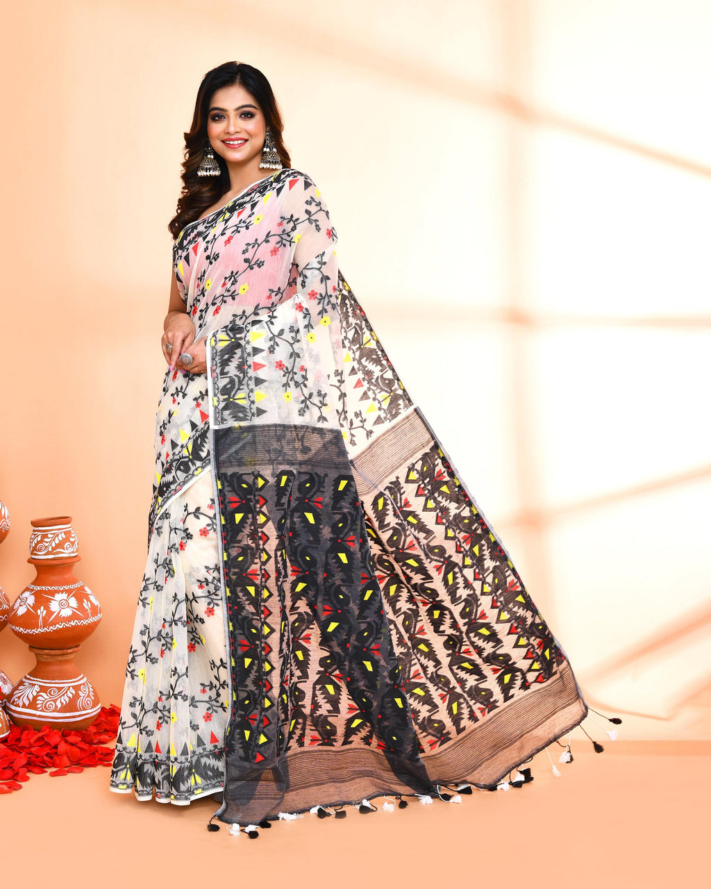Off White and Black Cotton Silk Jamdani Saree