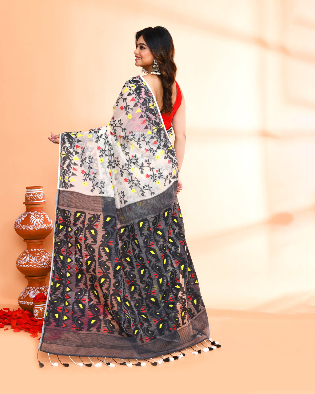 Off White and Black Cotton Silk Jamdani Saree