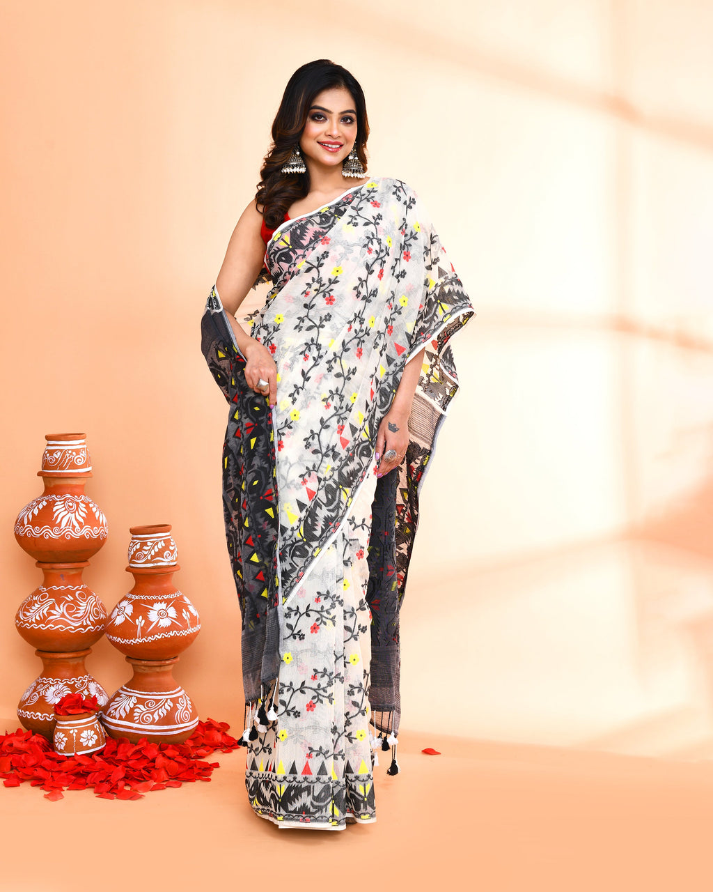 Off White and Black Cotton Silk Jamdani Saree