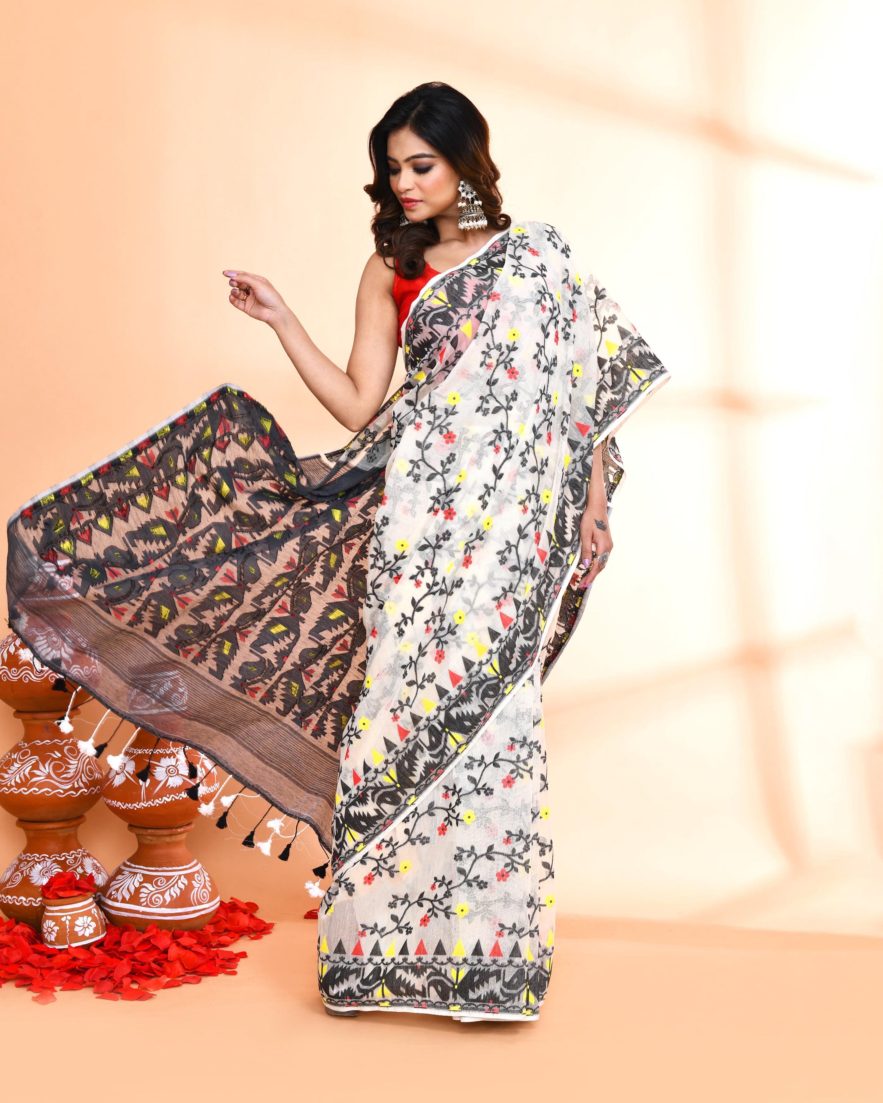 Off White and Black Cotton Silk Jamdani Saree