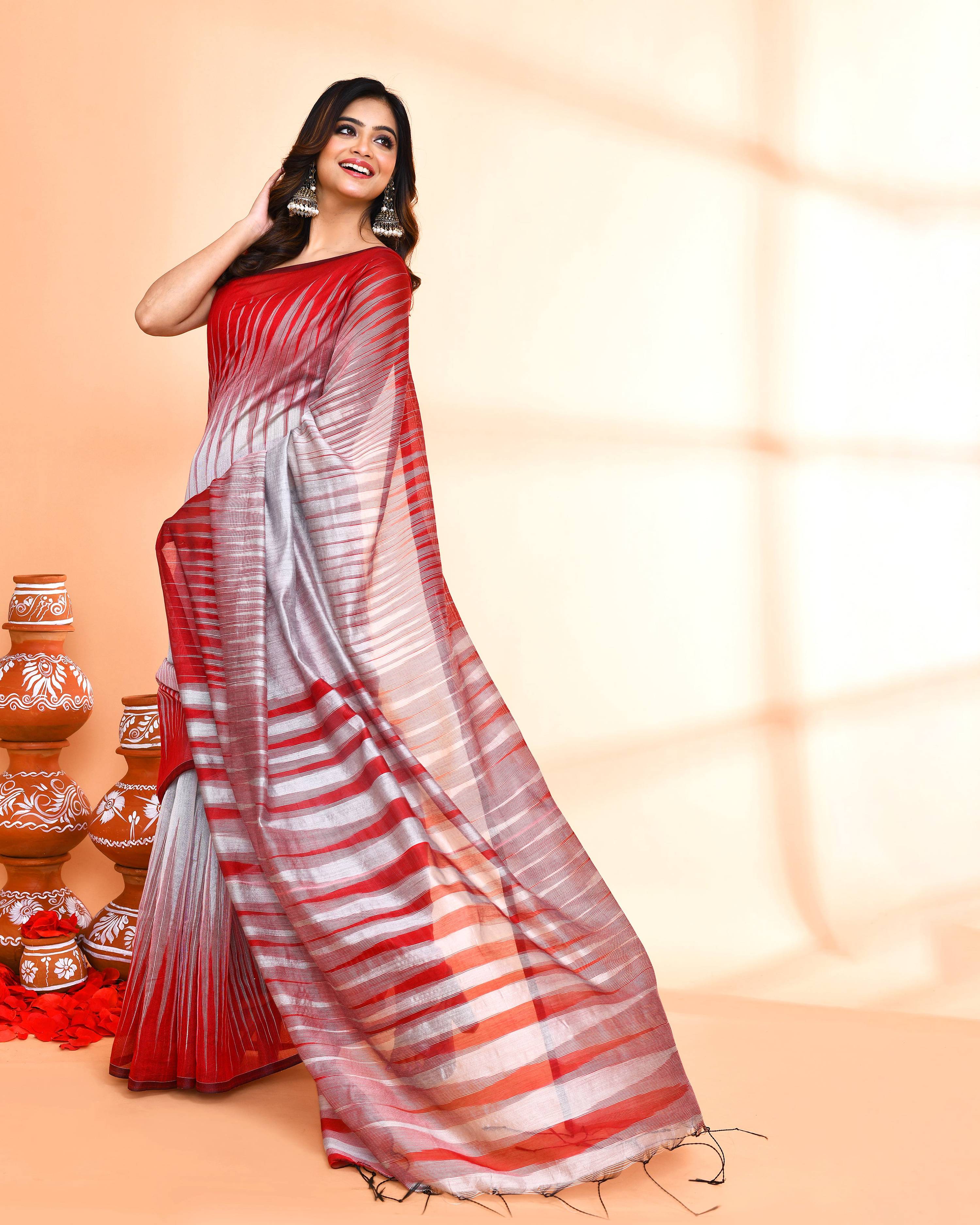 Silver Handloom Cotton Silk Saree with Blouse Piece