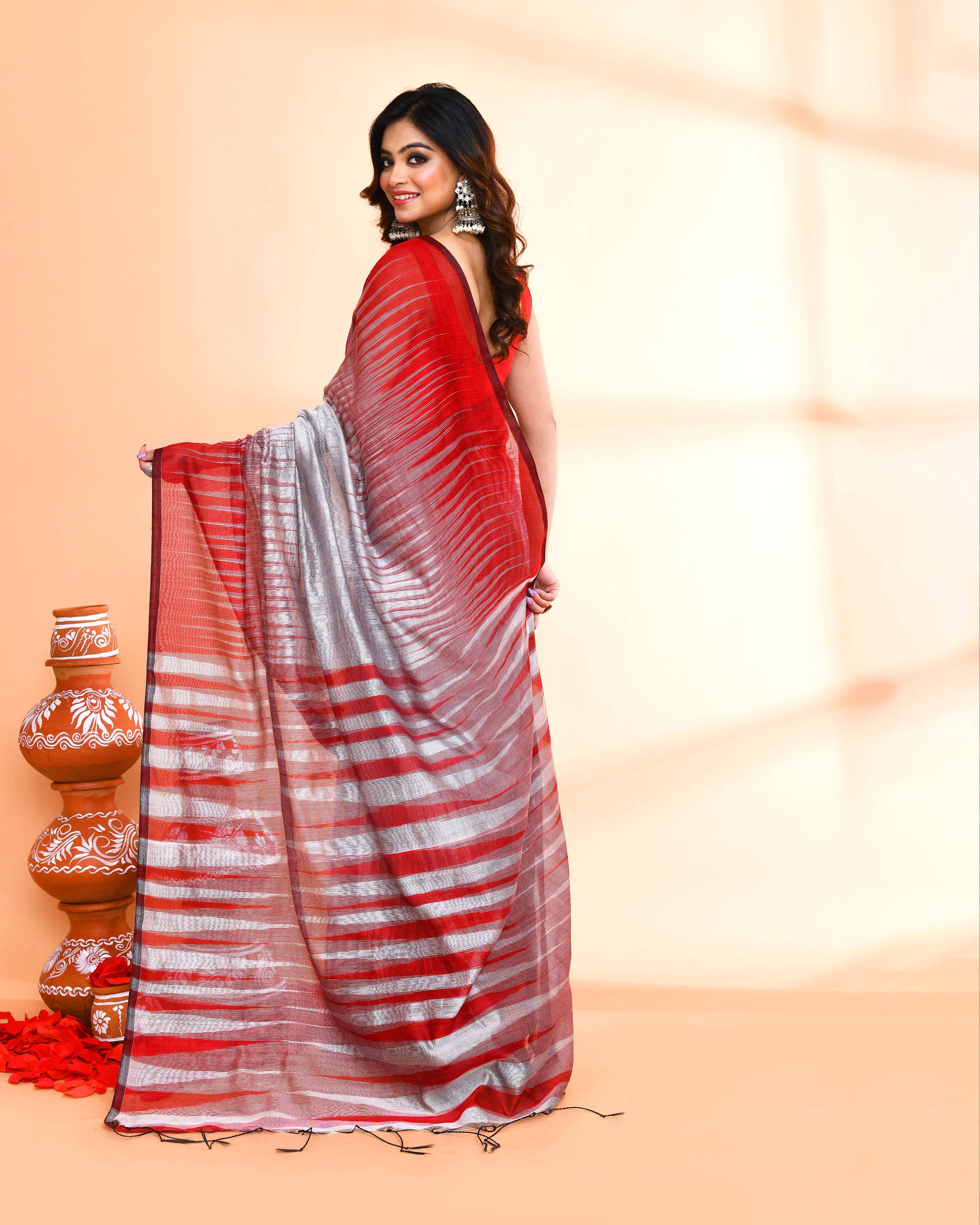 Silver Handloom Cotton Silk Saree with Blouse Piece
