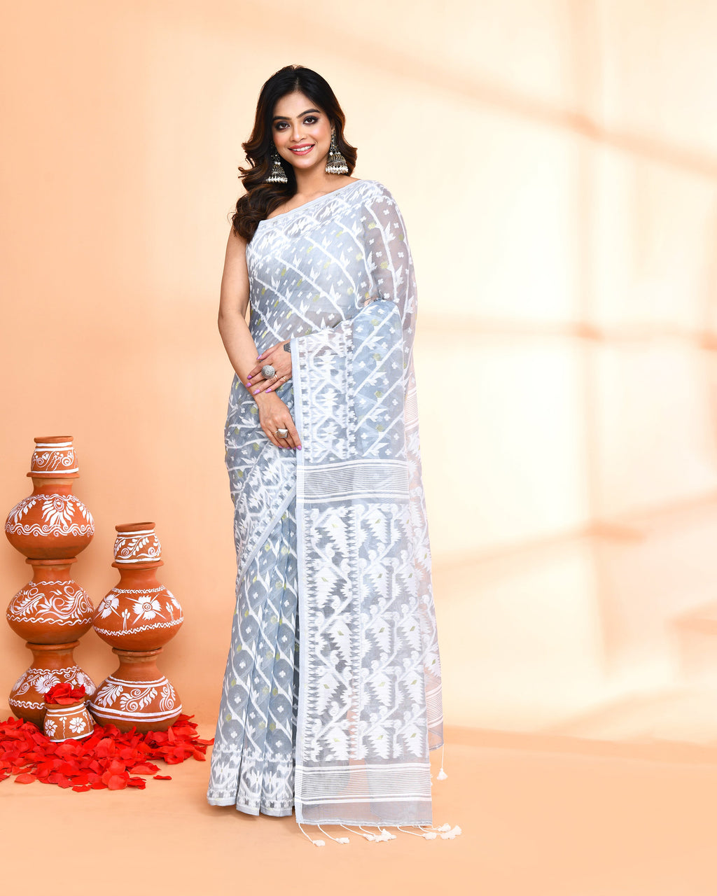 Pebble grey Jamdani cotton silk saree with intricate patterns