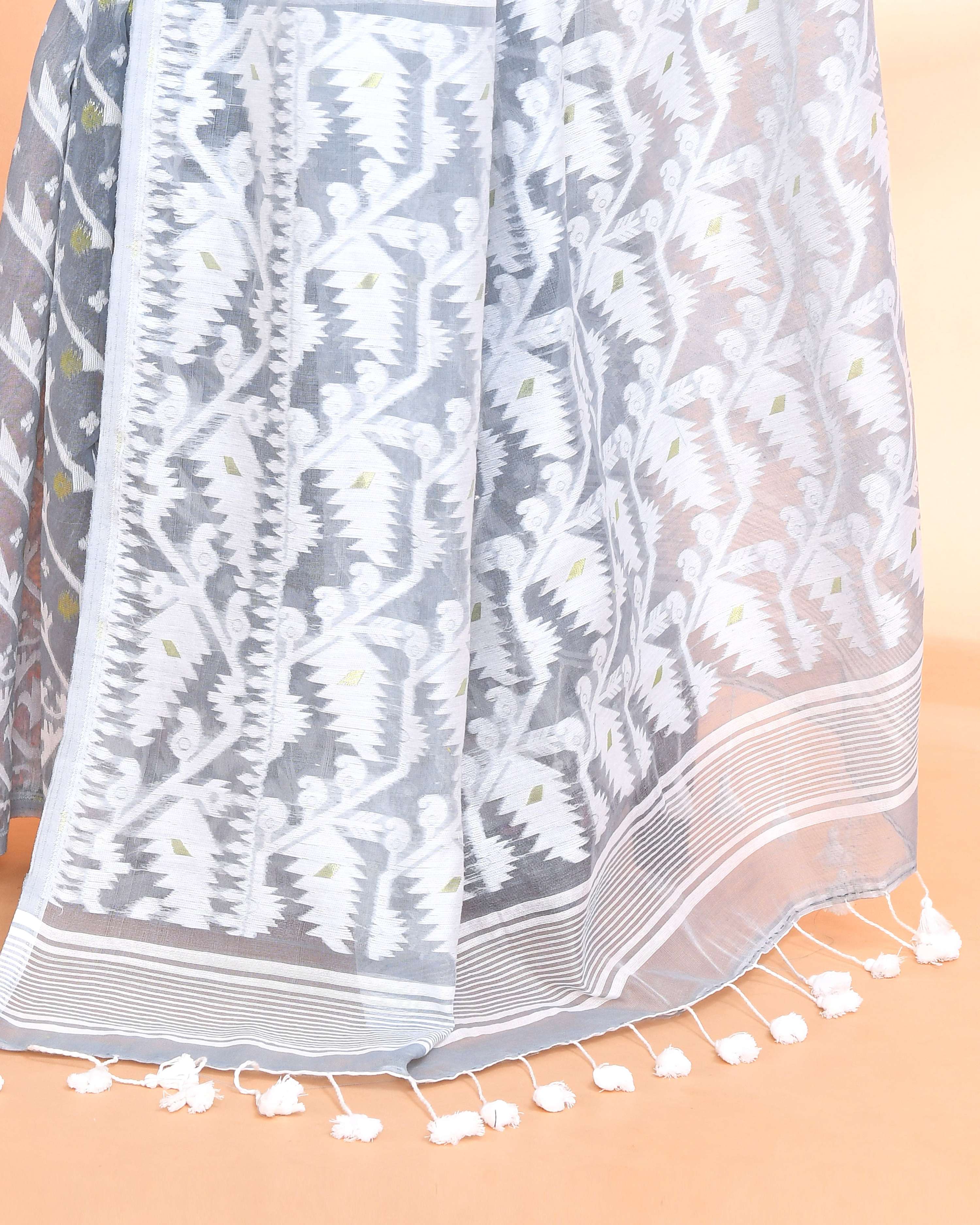 Pebble Grey Jamdani Cotton Silk Saree