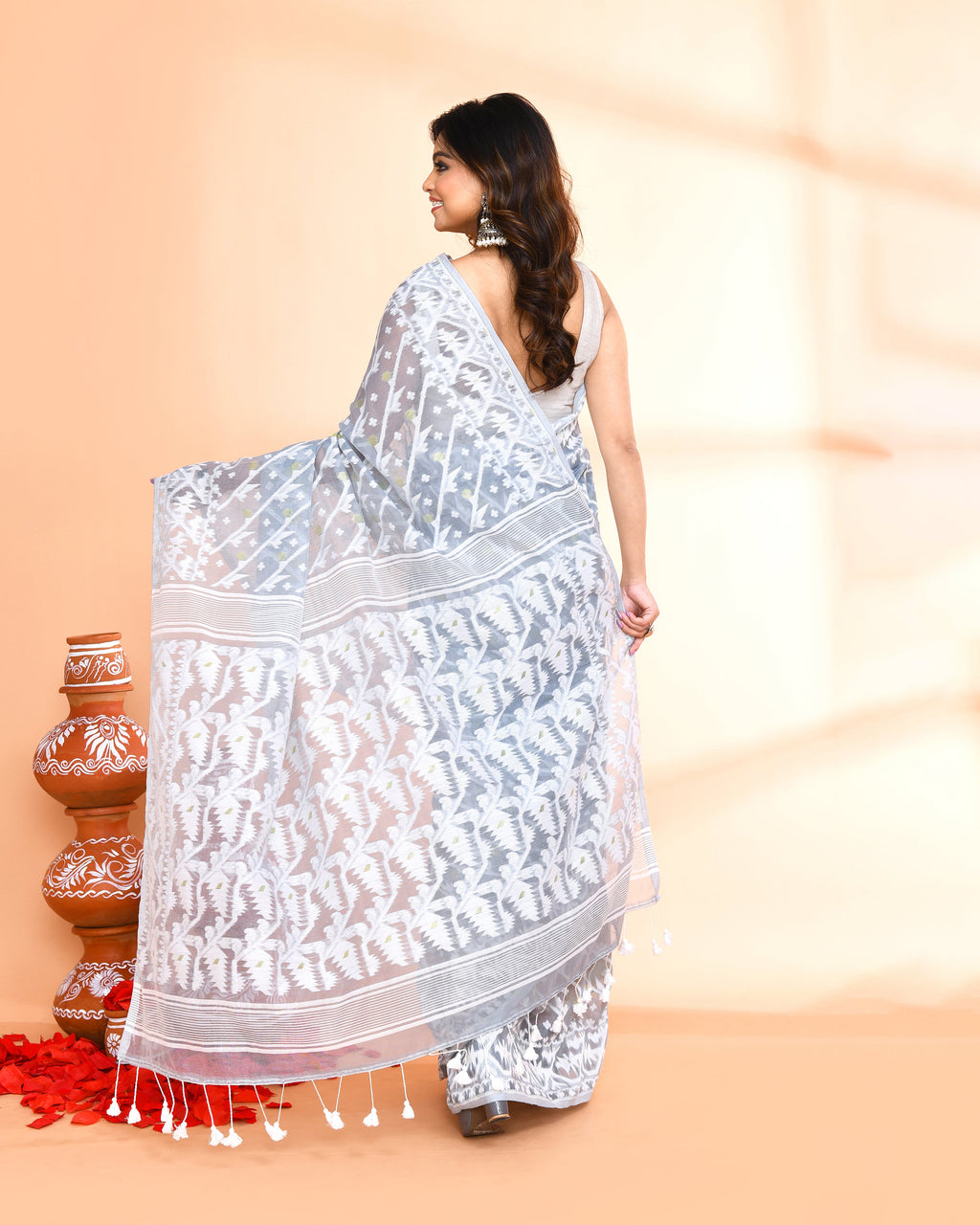 Pebble Grey Jamdani Cotton Silk Saree