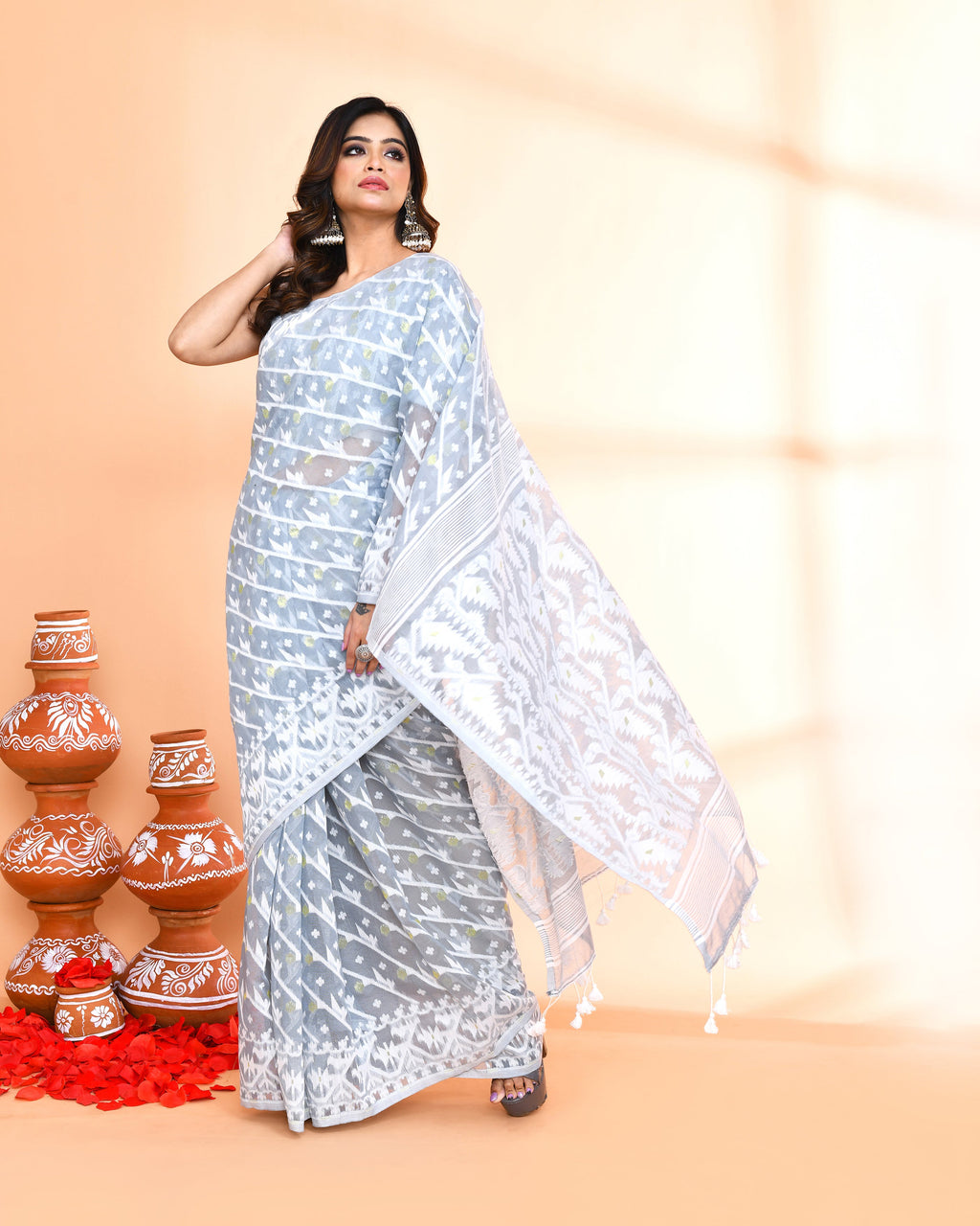 Pebble Grey Jamdani Cotton Silk Saree