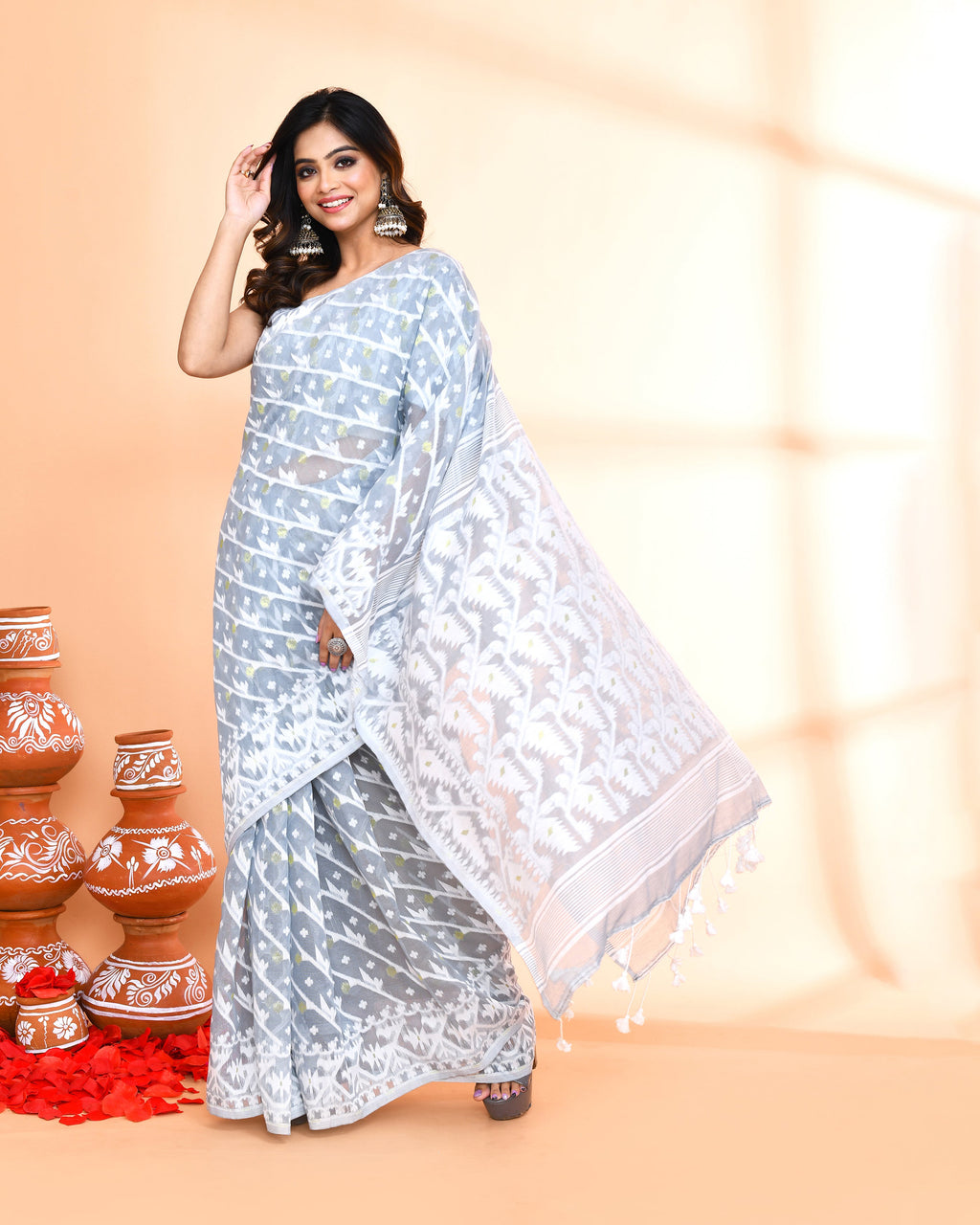 Pebble Grey Jamdani Cotton Silk Saree