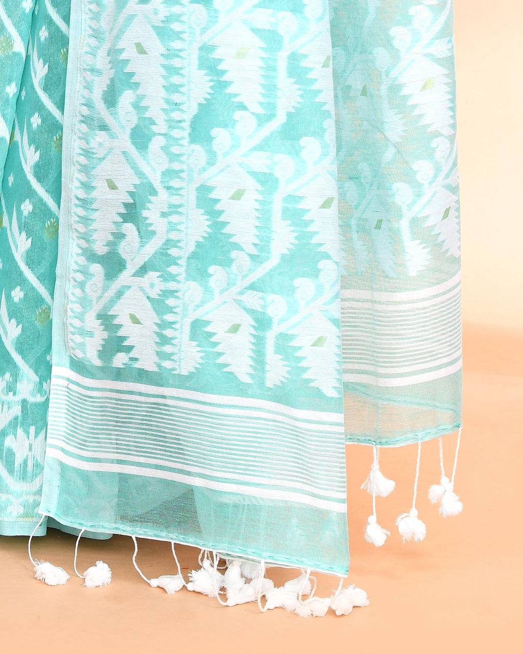 Piyari Fashion Women's Light Turquoise Cotton Silk Jamdani Saree