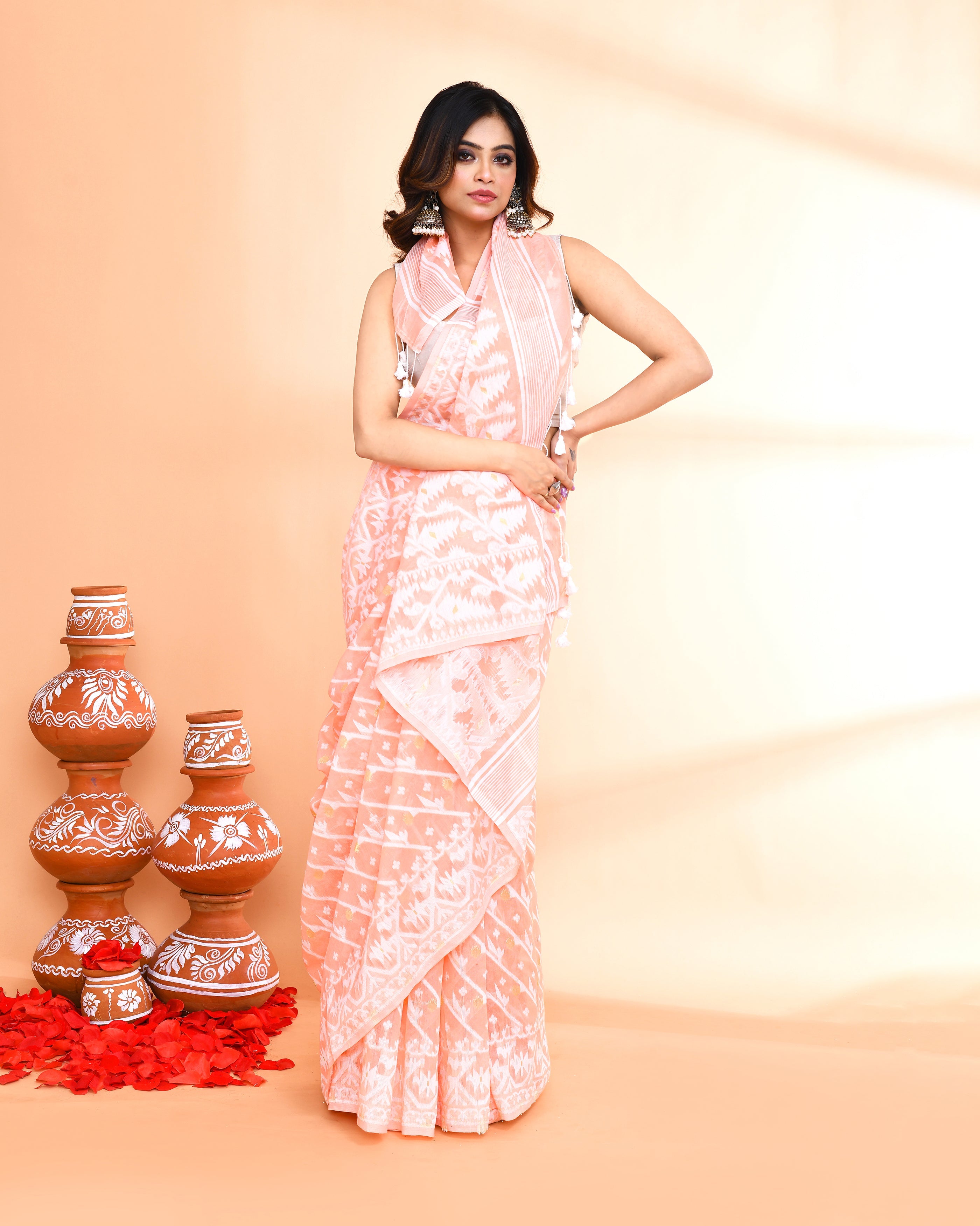 Piyari Fashion Women's Salmon Cotton Silk Jamdani Saree