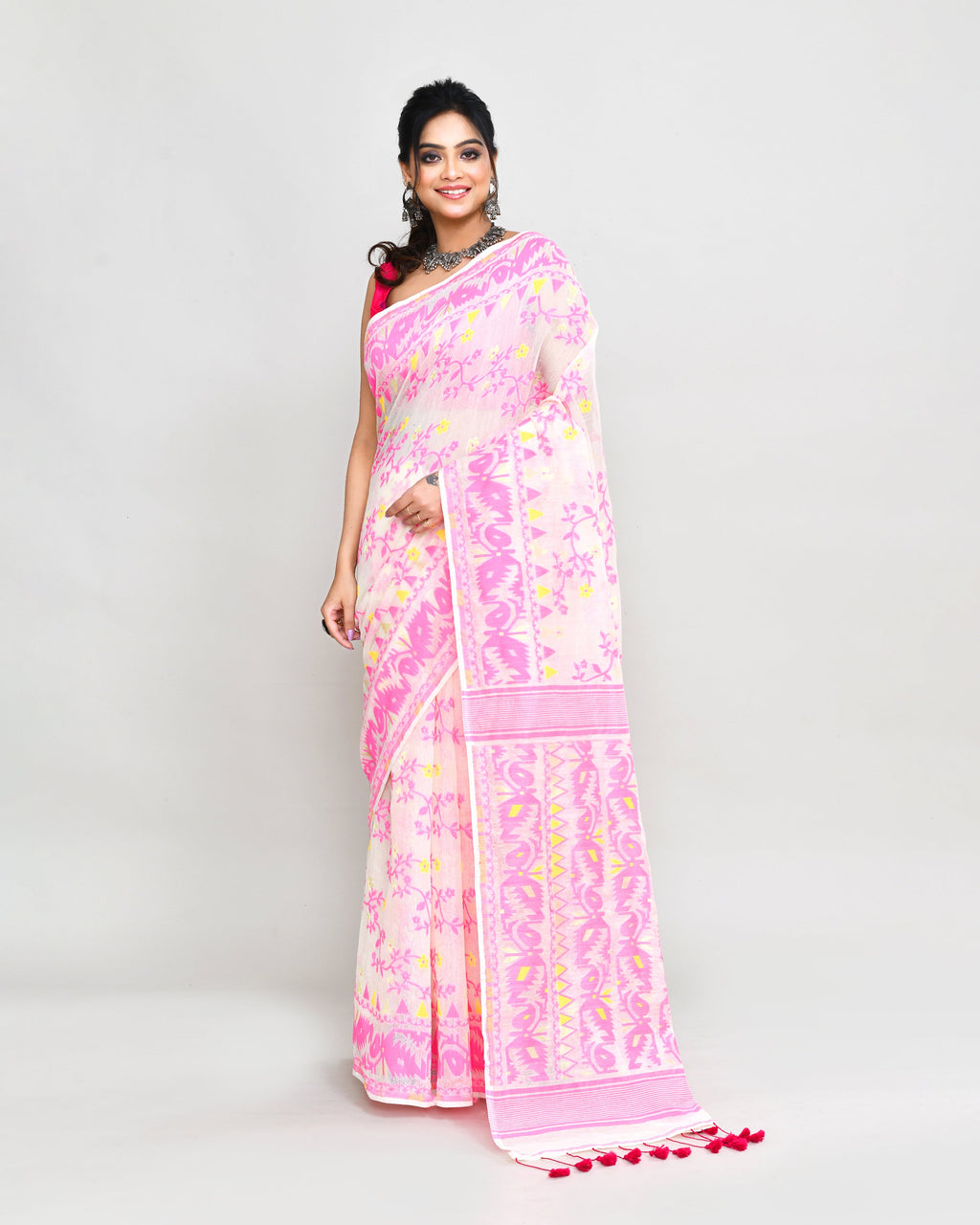 Elegant off white and pink cotton silk Jamdani saree with intricate traditional weaving