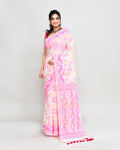 Elegant off white and pink cotton silk Jamdani saree with intricate traditional weaving
