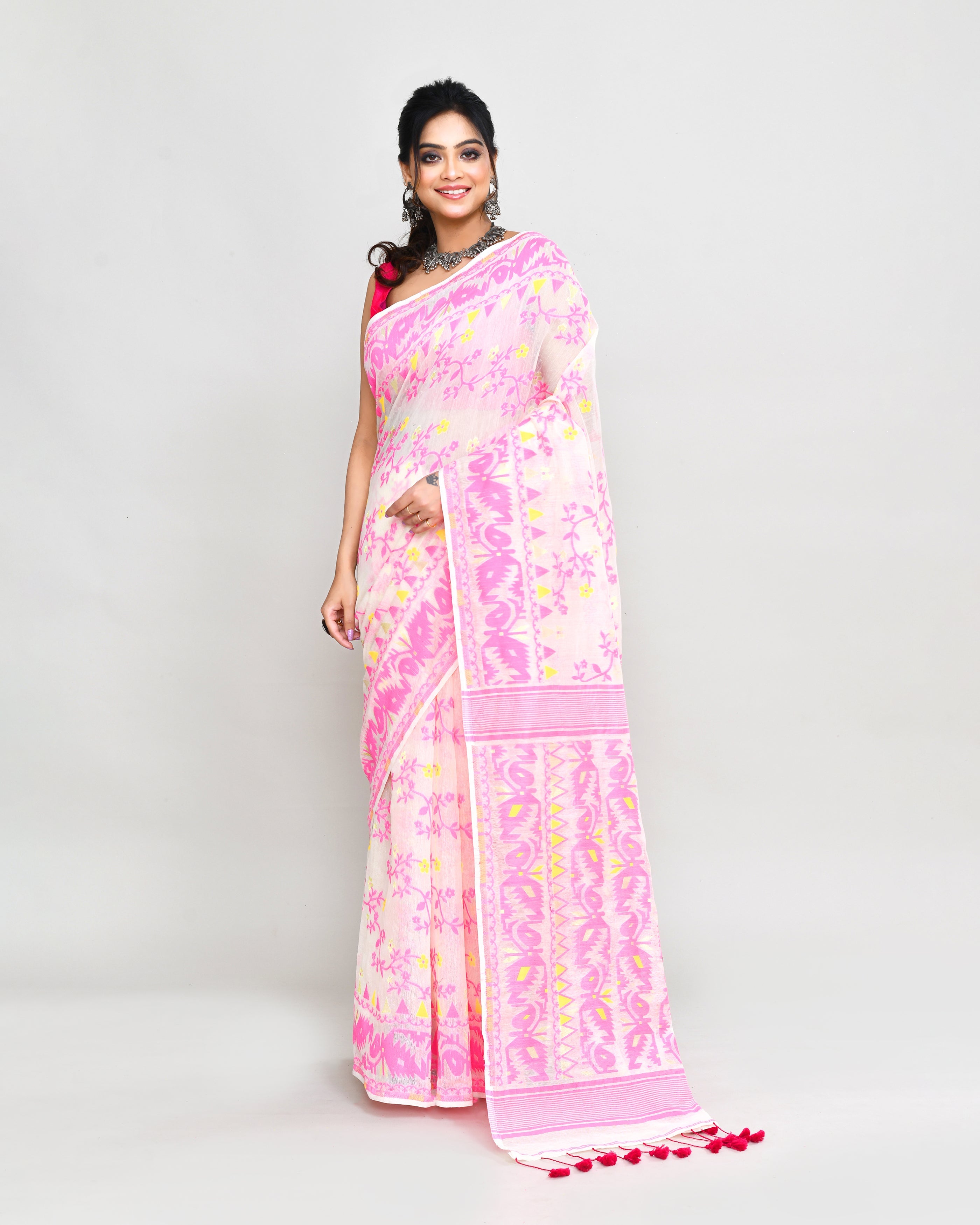 Elegant off white and pink cotton silk Jamdani saree with intricate traditional weaving