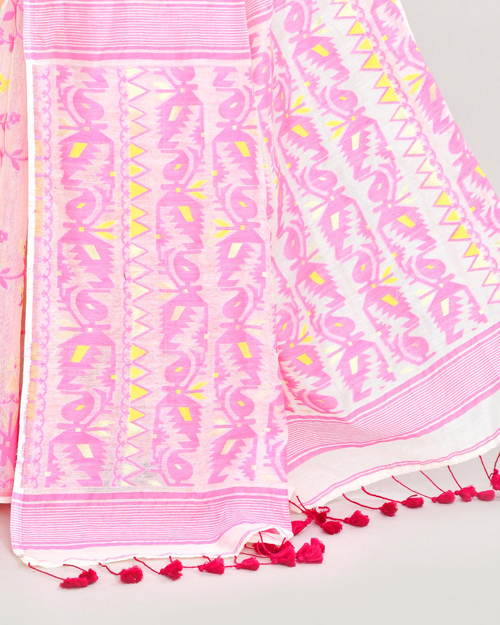 Off White and Pink Cotton Silk Jamdani Saree