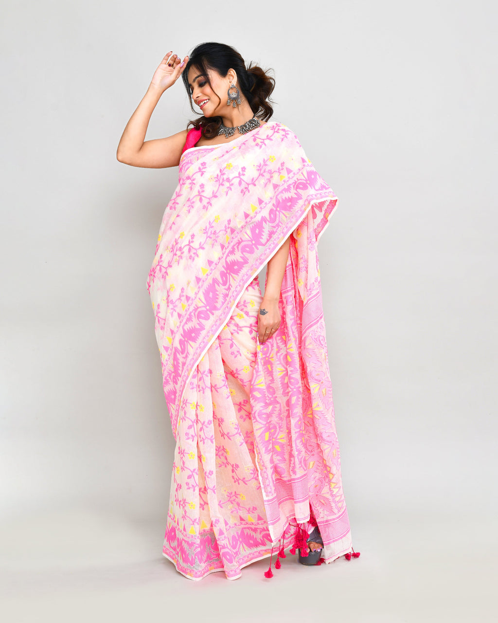 Off White and Pink Cotton Silk Jamdani Saree