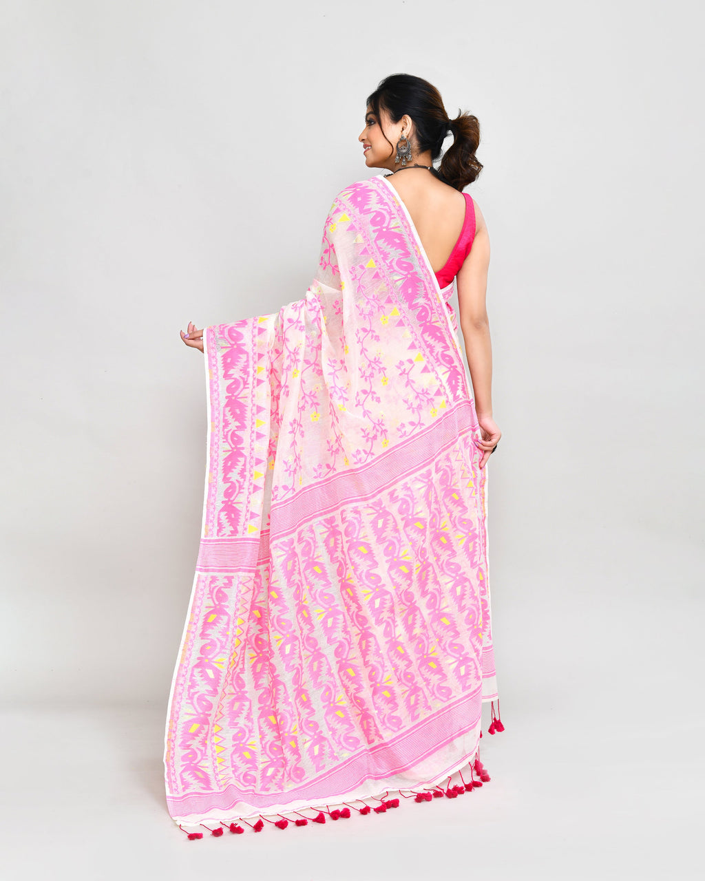 Off White and Pink Cotton Silk Jamdani Saree