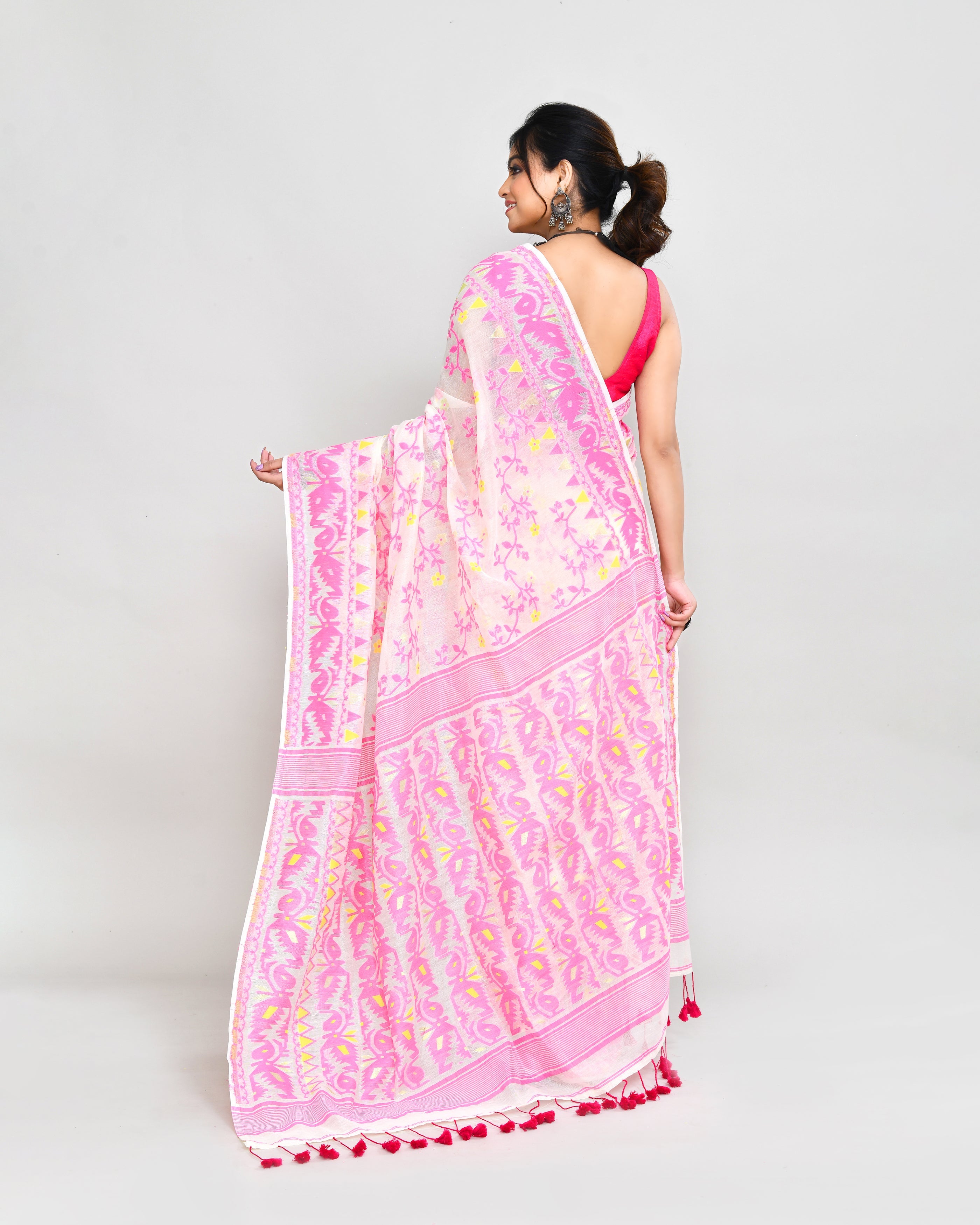 Off White and Pink Cotton Silk Jamdani Saree