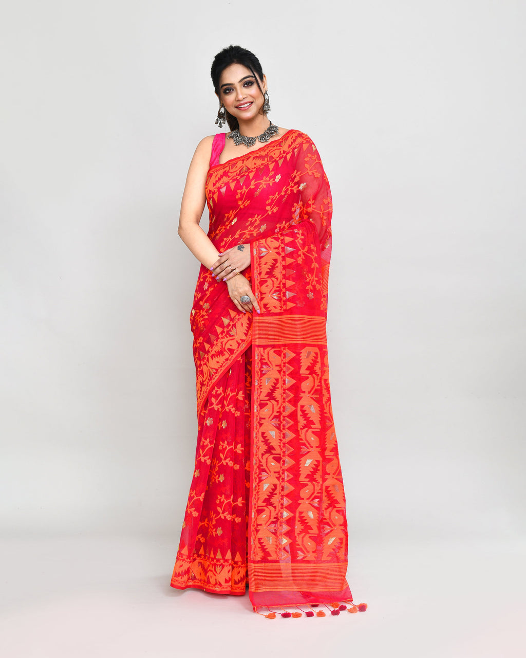 Rani Orange Cotton Silk Jamdani Saree with intricate hand-woven traditional patterns
