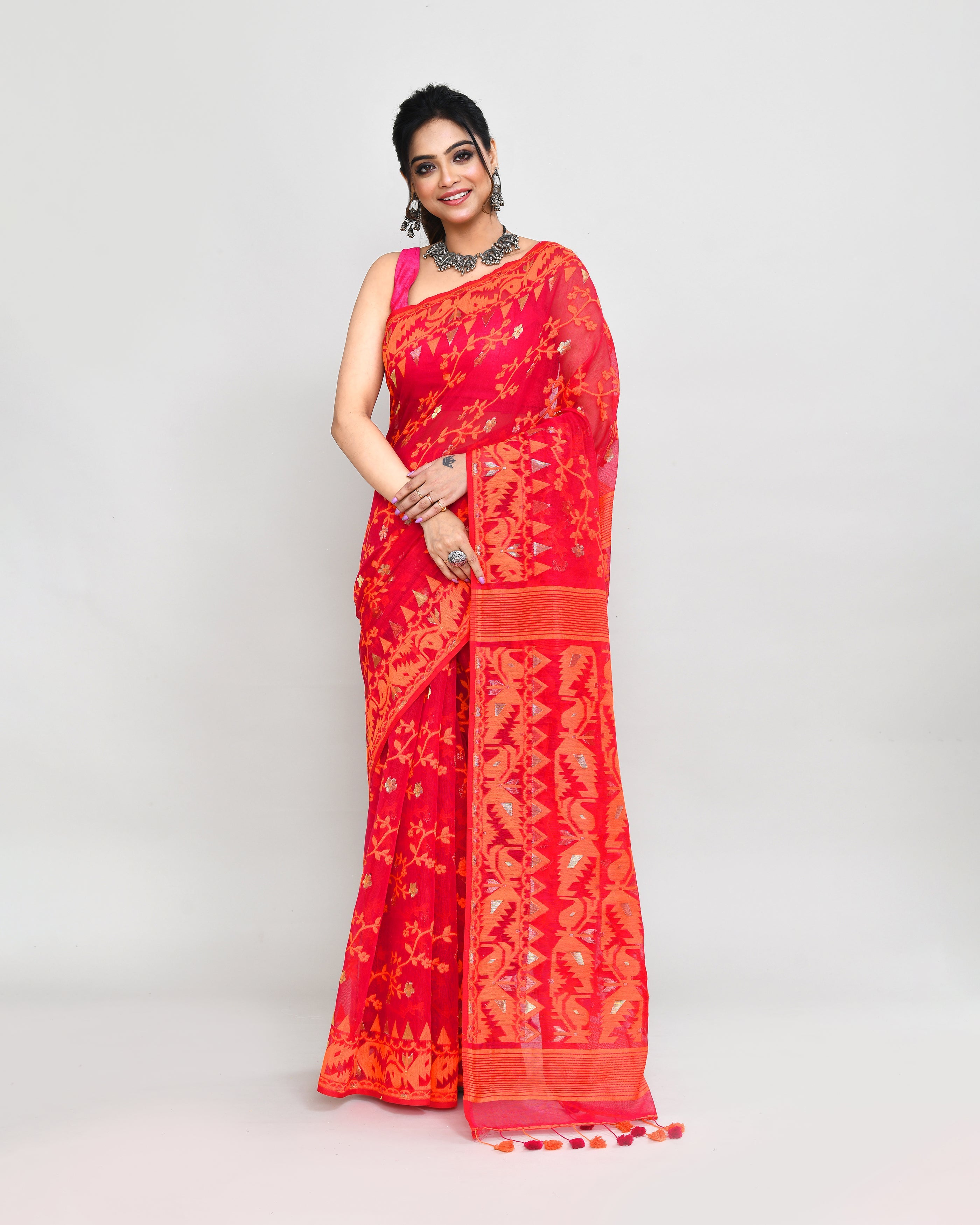 Rani Orange Cotton Silk Jamdani Saree with intricate hand-woven traditional patterns