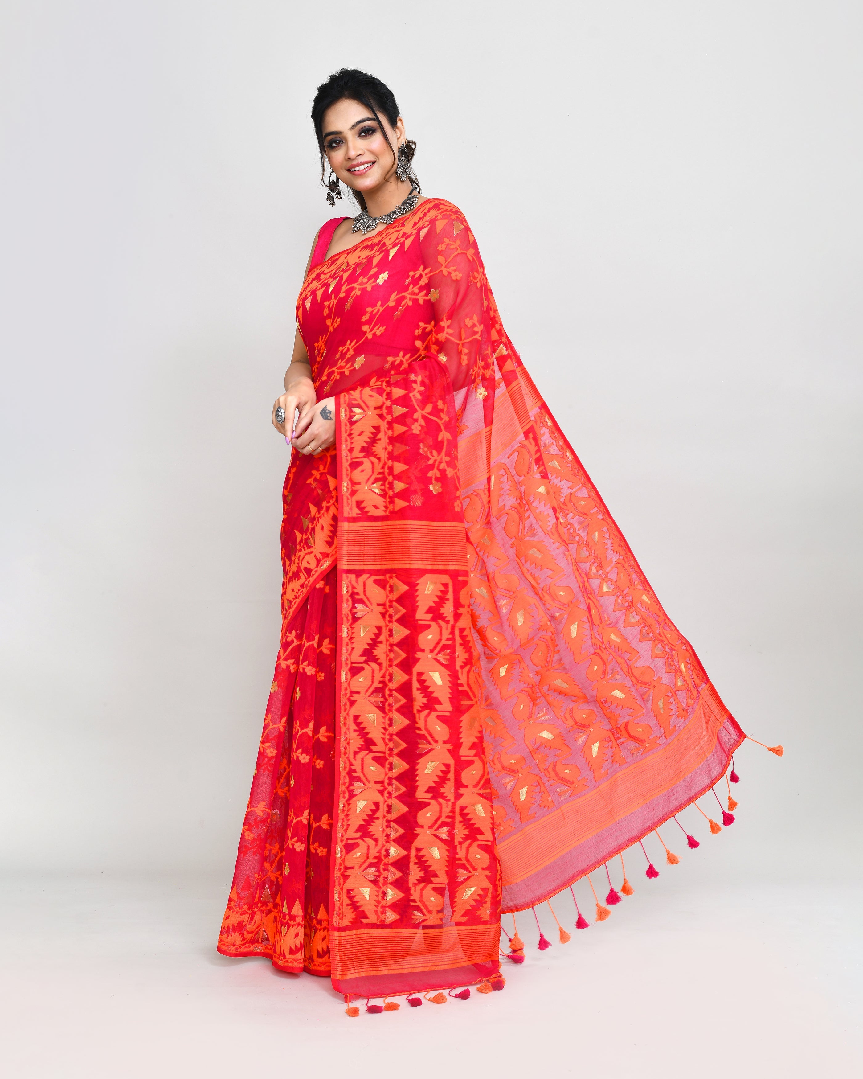 Rani Orange Cotton Silk Jamdani Saree with Woven Details
